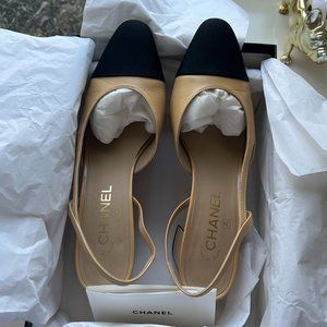 Chanel Cap Toe Sling Back Tan and Black Sz 40